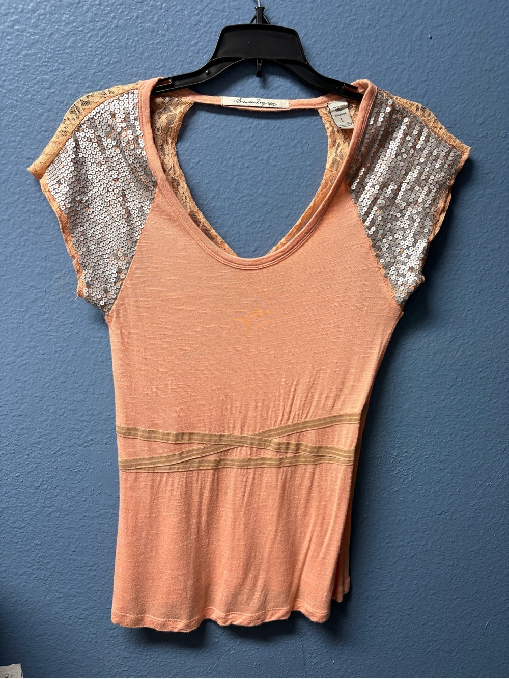 American Rag Sequin Sleeve Peach Women's Top
